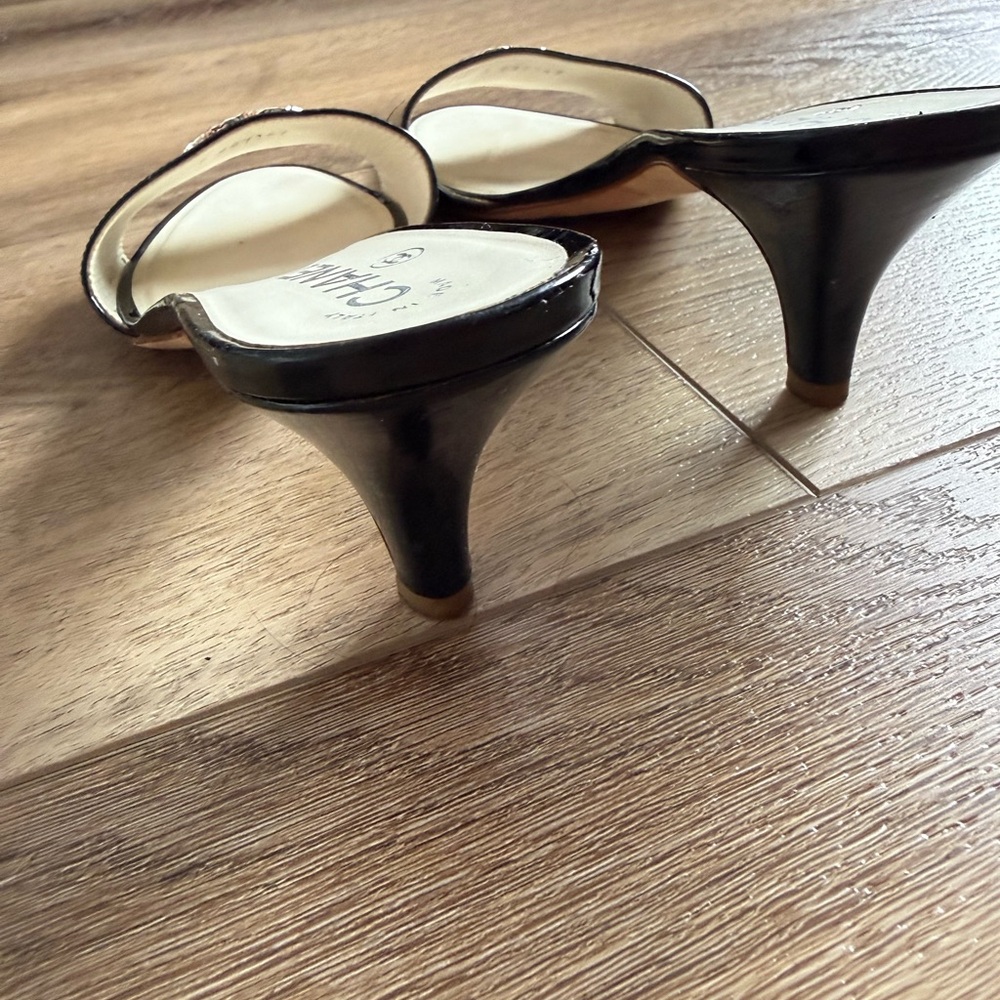 CHANEL Black Patent Leather Slide Mules with Silver CC Logo - Picture 5 of 11